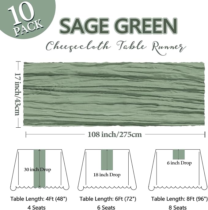 10 Pack 17 x 108 Inch Sage Green Table Runner Cheesecloth | Gauze Cheese Cloth - Image 2