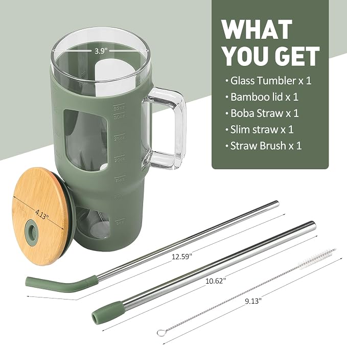 WINSA Glass Tumbler with Lid, 32 oz Glass Cup with Handle, Glass Water Bottles - Image 2