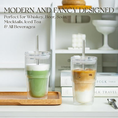KEMORELA 16oz Ribbed Double Wall Glass Cups - Image 2