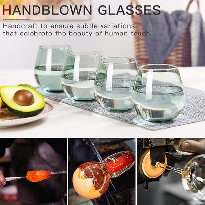 Green Stemless Wine Glasses Set of 6-15oz -Modern Hand-Blown Wine Glasses, European Design Crystal Glass For Red & White Wine, Unique Gifts for Wedding, Birthday