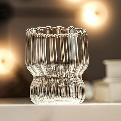 MANMAOHE 10 Oz Ribbed Glass Cups Set of 2 Creative Wavy Drinking Glasses - Image 4