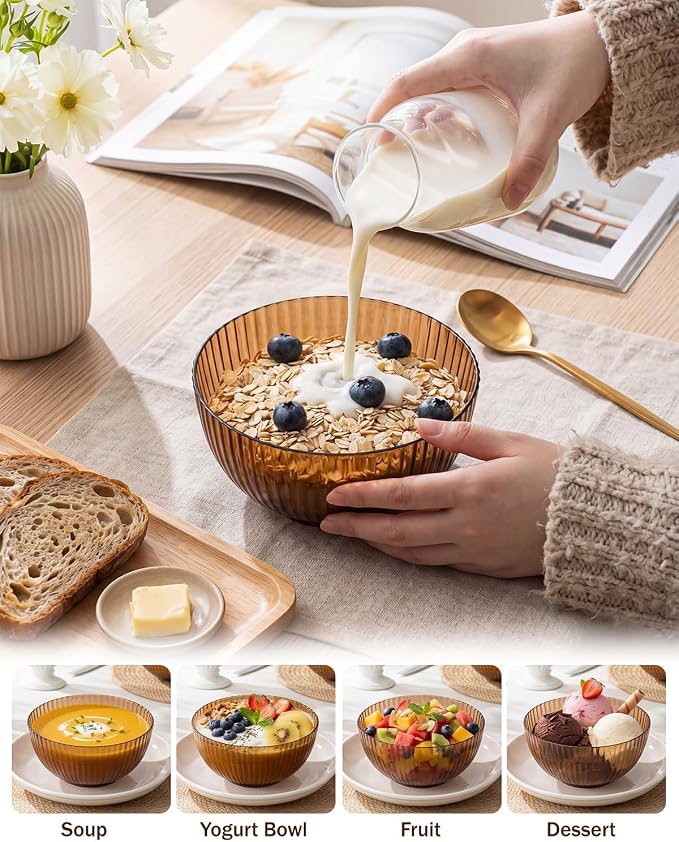 bUCLA 12 PCS Plastic Cereal Bowls Set - 28 Oz Clear Brown Disposable Vertical - Image 4