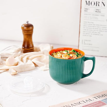 Ceramic Soup Bowl with Handle & Lid, Large 32oz Microwave Ramen Bowl Green | - Image 7