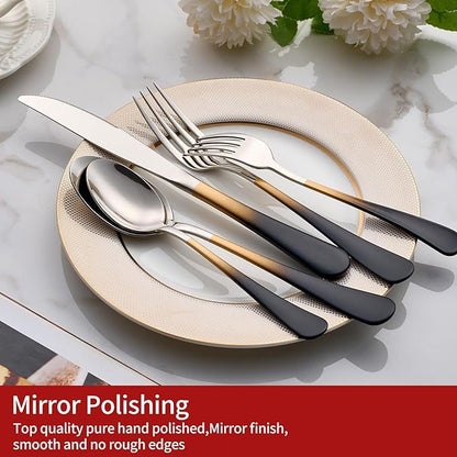 Colorful Silverware Set 20 Piece 18/0 Stainless Steel Flatware Black and Gold Handle Cutlery Set Service for 4 Fork Knife Spoon Set Mirror Finish Dishwasher Safe