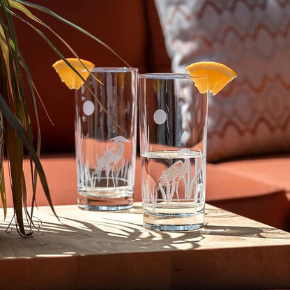 Rolf Glass Heron Highball Glass | 15oz Set of 4 Cooler Glasses | Lead-Free and Engraved | Drinking Glass with Heavy Base | Designed and Engraved in the USA | Coastal Bird Design