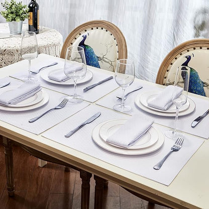 Place Mats Set of 8 – Rectangle Rectangular Waterproof Fabric Polyester Cloth Washable Wipeable Heat Resistant Placemats for Kitchen Dining Dinner Table Indoor 13 x 19 Inch White