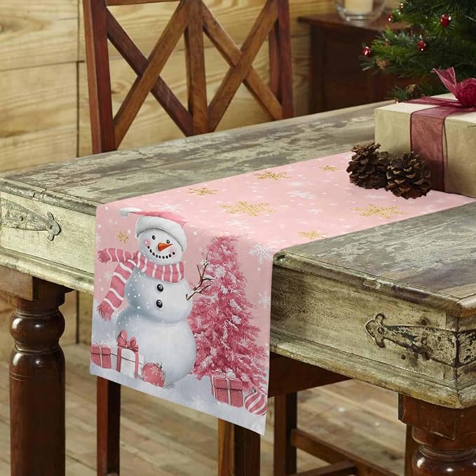 Pink Christmas Snowman Short Table Runners 48 Inches, Cotton Linen Fabric - Image 3