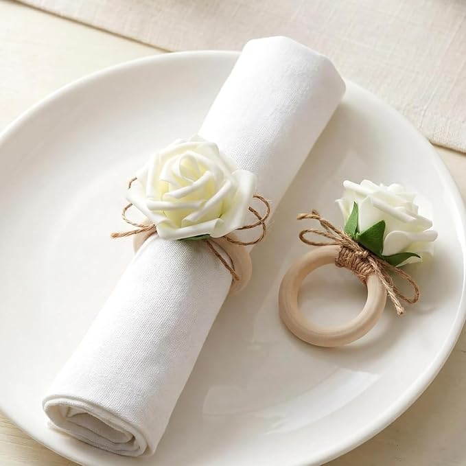 Flower Napkin Rings Set of 12 Wooden White Rose Handmade Napkin Holders by Gandeer