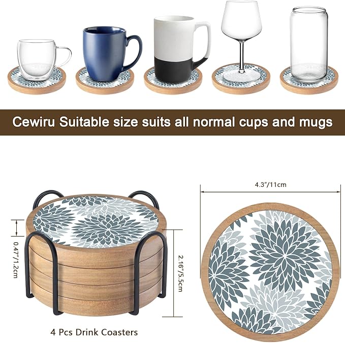 Wood Coasters Set of 4 with Holder, Cewiru Cup Mat - Image 6