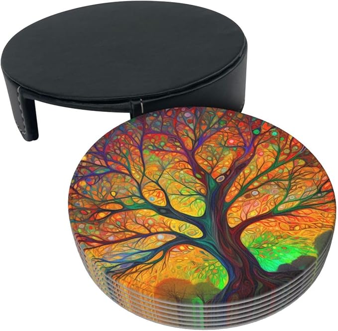 Tree of Life Colorful Leaves Leather Coasters Set of 6 - Image 8