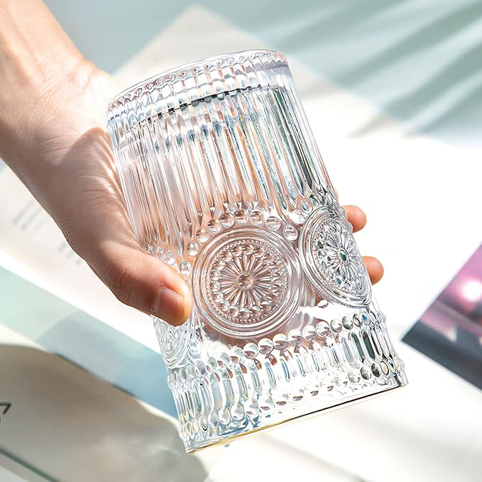 Kingrol Embossed Vintage Drinking Glasses Set of 6, 12 oz Textured Glass - Image 3