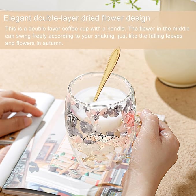 Gifts for Women Dried Flowers Double Wall Glass Coffee Mugs Cute Glass Tea Cups - Image 3