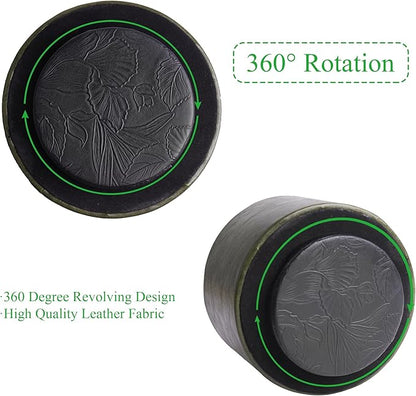 Hennaja Round Leather Art Supply Organizer,Remote Control Holder,360 Degree Spinning,Multi-Functional Pencil Holder,4 Compartments Desktop Stationary Organizer(1-Oil Green)