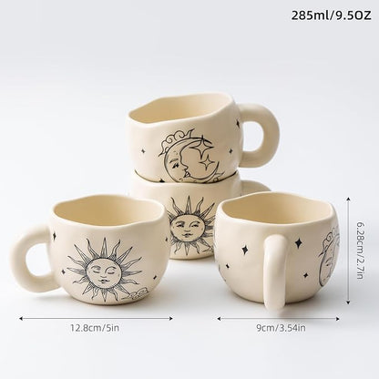 4pcs Boho Style Ceramic Moon and Sun Mugs, 9.4OZ Cute Coffee Cup Set, Matte - Image 3