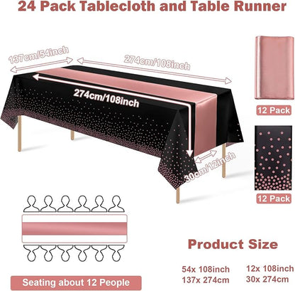 24Pack Disposable Plastic Tablecloth and Satin Table Runner Black and Rose Gold - Image 2