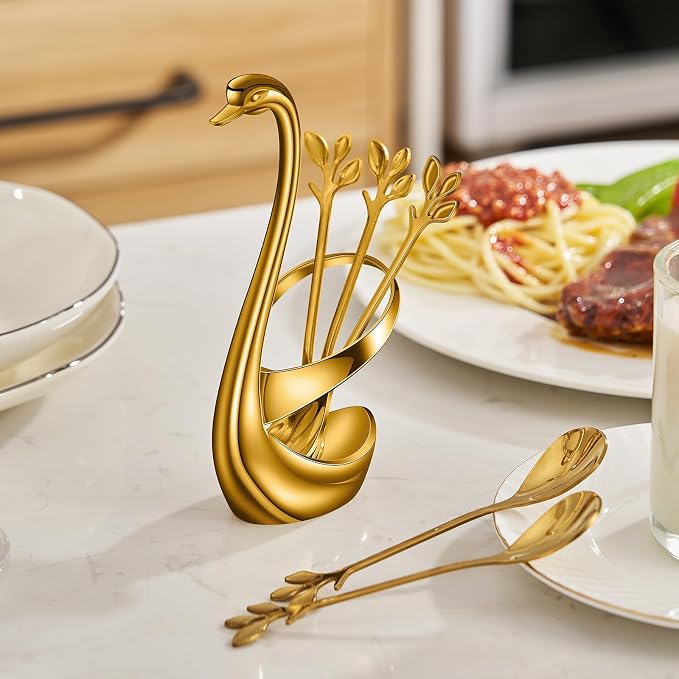 AnSaw Gold Swan Base With 10-Pcs Mini Leaf Coffee Spoon Holder Set - Image 8