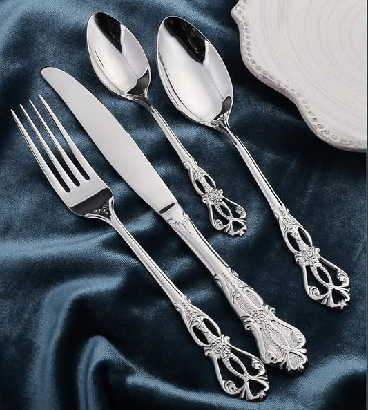Silverware Set for 16 Stainless Steel Flatware Set Palace Style Hollow Relief Decoration 64 Piece Cutlery Utensils Include Knives Forks and Spoons Tableware Set for Home Kitchen Restaurant Party