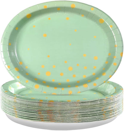 50Pcs Sage Green Oval Paper Plates 10" x 12" Large Disposable Sage Green and Gold Party Supplies Dessert Paper Plates Gold Dot Light Green Platter for Baby Shower Birthday Wedding Party Decorations