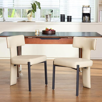 Beige Dining Chairs Set of 2,Faux Leather Dining Chairs with Soft Cushion,Comfortable Upholstered Armless Dining Room Chairs with Curved Plywood Back