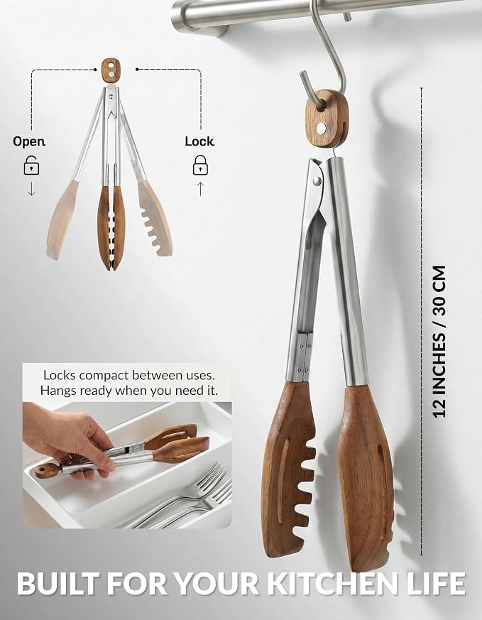 3-in-1 Kitchen Tongs & Pasta Server – 12 Inch Walnut Multifunction Tongs - Image 7