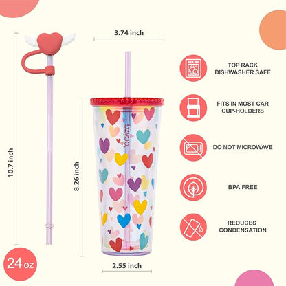 bzyoo 24 oz SIP Tumbler with Heart-Shaped w/Wing Straw Cap Cover – Cute Heart - Image 7