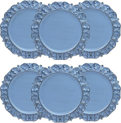 13" Antique Blue Charger Plates, Set of 6 Plastic Textured Chargers for Dinner Plates with Embossed Rim, Table Décor, Party, Wedding, Holiday