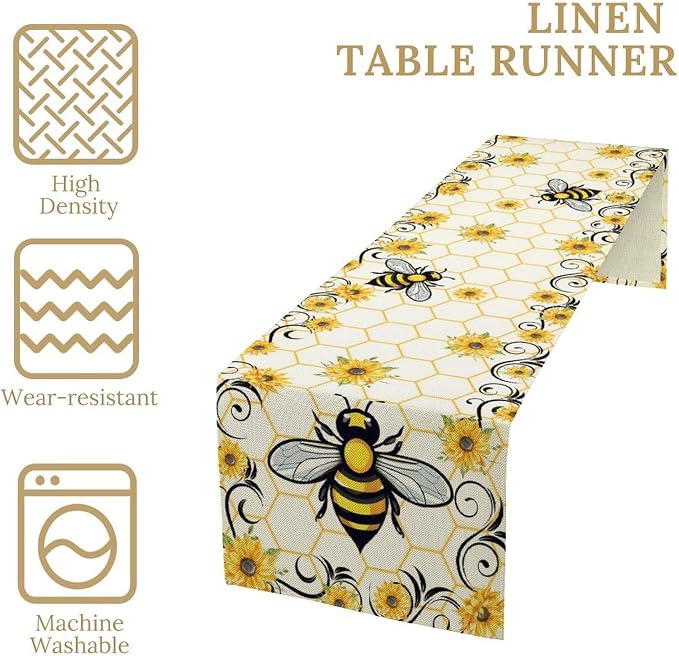 Bee Sunflower Table Runner, Farmhouse Orange Honeycomb Vintage Spring Summer - Image 3