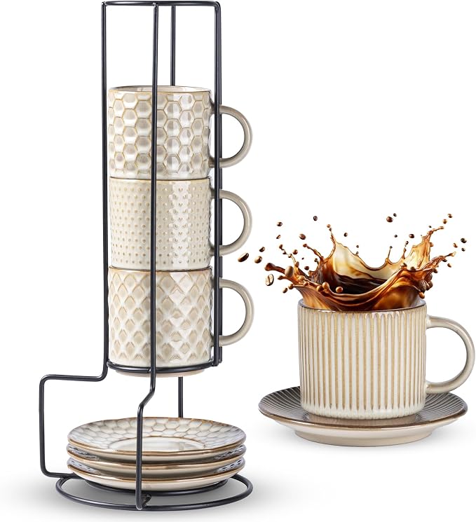 GBhome 6 OZ Stackable Coffee Mugs Set of 4, Ceramic Espresso Coffee Cups | by GBhome