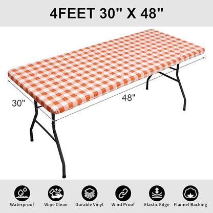 Smiry Rectangle Picnic Table Cloth, Elastic Waterproof Fitted Vinyl Tablecloths, Flannel Backed Buffalo Plaid Table Covers for Dining, Camping, Outdoor, Thanksgiving (White and Orange, 30" x 48")