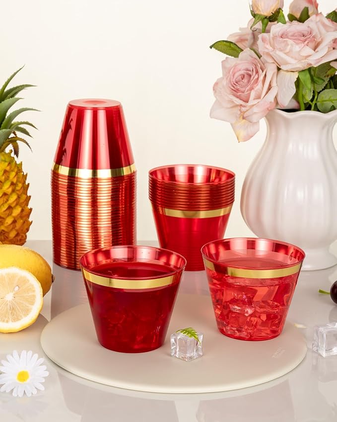 Goodluck 50PCS 9oz Red and Gold Plastic Cups - Image 8