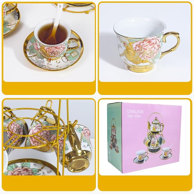 CHANJOON Gold Plated Red Rose Ceramic Tea Set, Vintage Tea Sets - Image 4