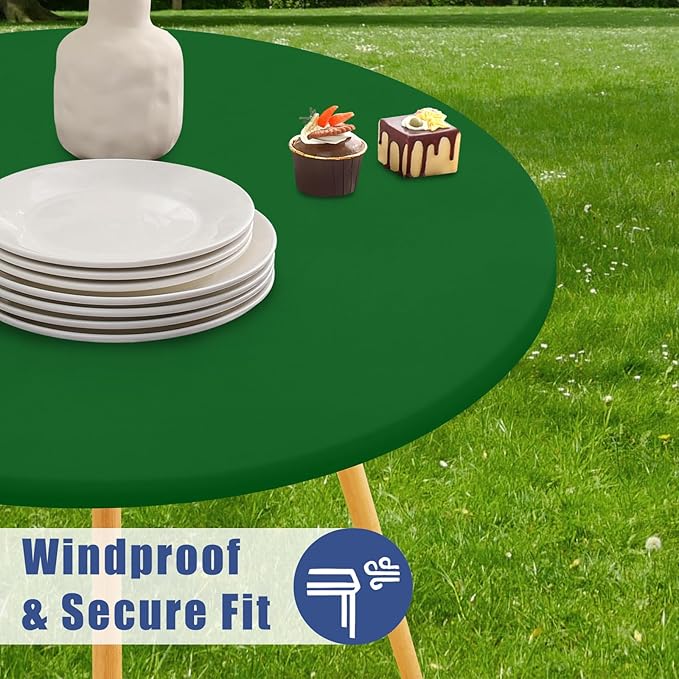 Round Spandex Tablecloth 2 Pack, Elastic Fitted Waterproof Tablecloths for 57"-68" Tables, Stretch Washable Picnic Table Cover for Camping, Dining, Indoor and Outdoor, Emerald Green