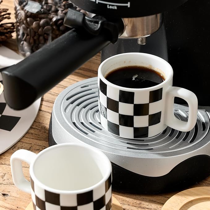 LUKA Porcelain Stackable Black and White Checkered Espresso Cups - Image 6