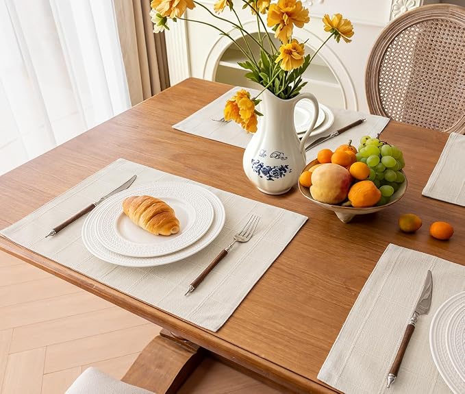 Linen Checked Placemats Set of 4, Ivory Rustic Place Mats 12x18 Inch | Raised - Image 5