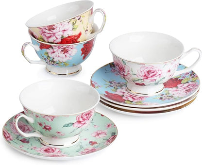 BTaT- Floral Tea Cups and Saucers Set of 4, 7 oz | Porcelain Tea Cup Set - Image 6