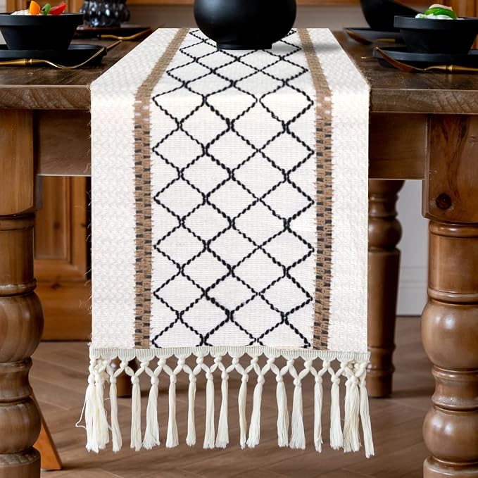 EMMTEEY Macrame Table Runner Boho Style 72 Inches Long, Hexagonal Black | - Image 5