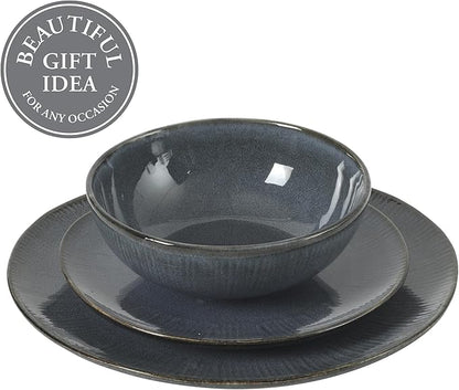 Gibson Elite Sandy Pines Stoneware Plates and Bowls Set - 12 Piece Reactive Glaze Dinnerware Set - Service for 4 - Dishwasher and Microwave Safe - Blue