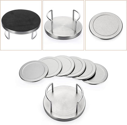 JUXYES Set of 6 Stainless Steel Round Coasters with Holder & Sponge Bottom, Silver Metal Cup Coasters Set Stunning Cool Coaster Cups Mats Decor for Restaurant Kitchen bar Dining Table
