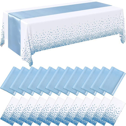 Breling 24 Packs Baby Blue and White Disposable Plastic Tablecloths and Satin Table Runner Set, 54 x 108 Inch Tablecloth, 12 x 108 Inch Table Runners for Wedding Graduation Birthday Baby Shower