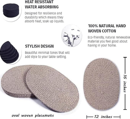 Braided Placemats Set of 6, Cotton Fabric Oval Table Mats Non Slip Washable 16 * 12 inch Oval Place Mats, 6 Pack Mix Brown Rope Woven Placemats
