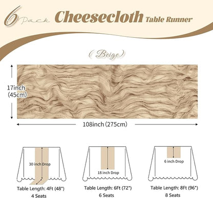 6 Pack Beige Cheesecloth Table Runner, 17 x 108 inch, Semi Sheer Boho Cheese - Image 3