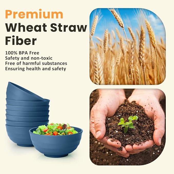 Deep Noodle Bowls Set of 8: 60oz Large Wheat Straw Bowls - Image 3