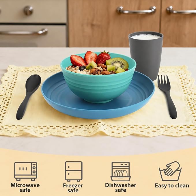 20PCS Plastic Dishes Set for 4, Unbreakable Wheat Straw Plates and Bowl Set | - Image 3
