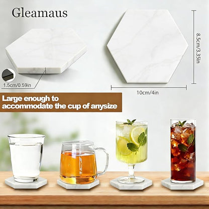 Natural Marble Coasters, Hexagonal Costers, Luxury Aesthetic Modern Decor for Coffee Table Bar Kitchen Home, White Marble, Real Natural Semi Absorbent Stone Coasters
