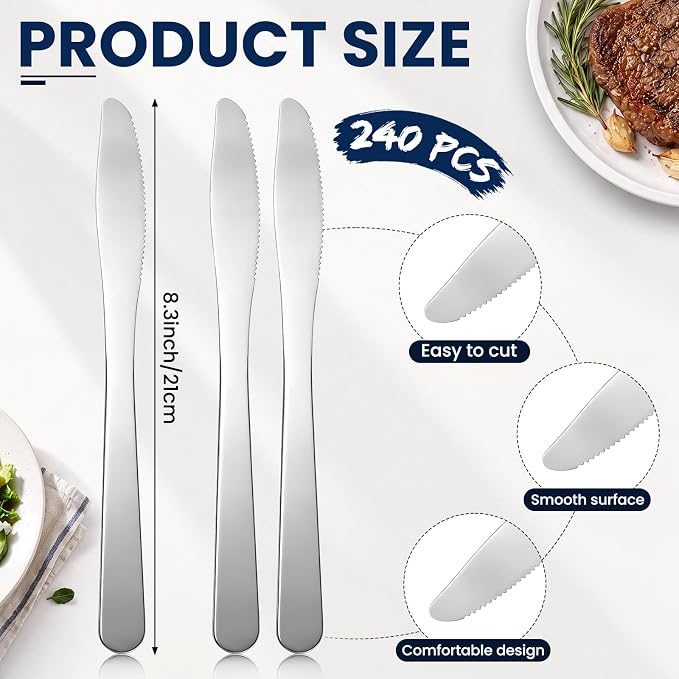 Gisafai 240 Pcs Stainless Steel Dinner Knives 8.3 Inches Spreader Knives - Image 2
