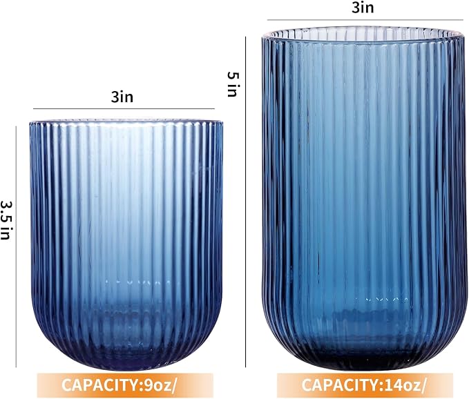 Set of 8 Ribbed Glassware, 4 Highball Glasses 14oz & 4 Rocks Drinking Glasses - Image 4