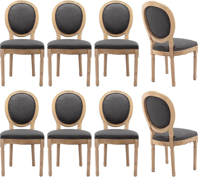 Vintage French Dining Chairs Set of 8, Round Back Accent Chairs with Linen Seat and Solid Wood Frame, Farmhouse Sillas de Comedor Upholstered for Dining Room & Kitchen, Gray