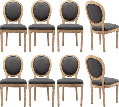 Vintage French Dining Chairs Set of 8, Round Back Accent Chairs with Linen Seat and Solid Wood Frame, Farmhouse Sillas de Comedor Upholstered for Dining Room & Kitchen, Gray