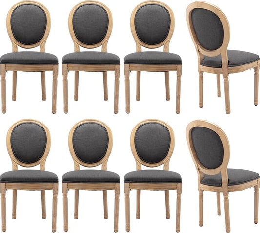Vintage French Dining Chairs Set of 8, Round Back Accent Chairs with Linen Seat and Solid Wood Frame, Farmhouse Sillas de Comedor Upholstered for Dining Room & Kitchen, Gray