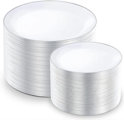 KIRE 200PCS Silver Plastic Plates - White Plastic Plates with Silver Rim Include 100 Dinner Plate and 100 for Dessert/Salad Plate for Birthday/Wedding/Party for Christmas